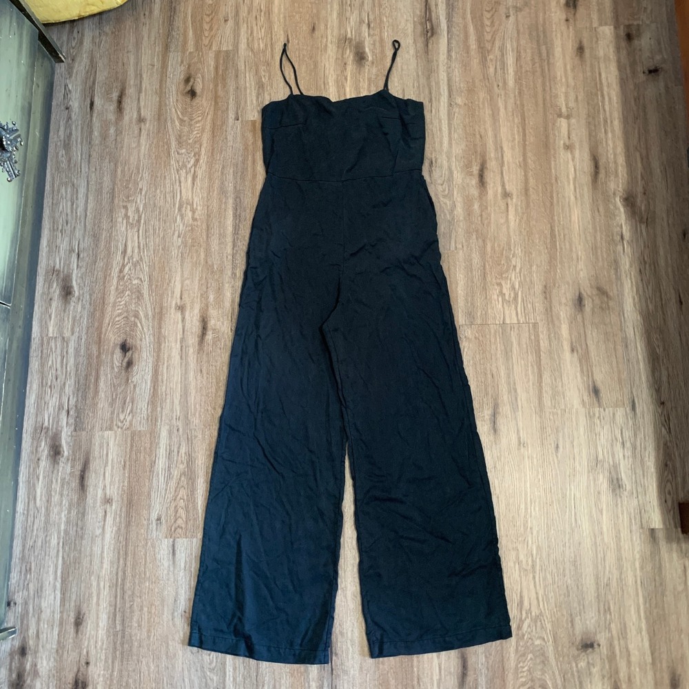 Shaina Mote 100% lyocell spaghetti strap wide leg jumpsuit in black -size medium